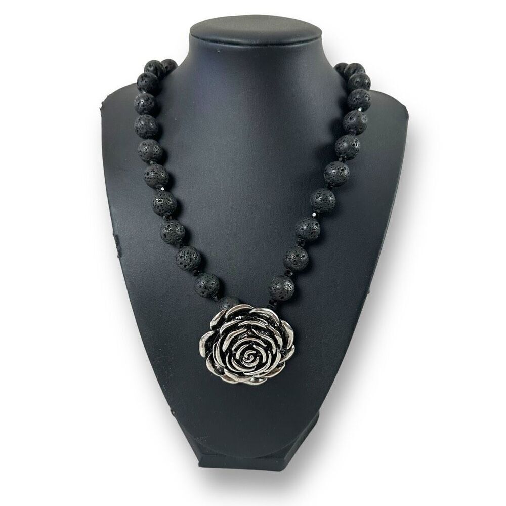 Artisan Lava Stone Beaded Necklace With Silver Tone Rosette Pendant Statement